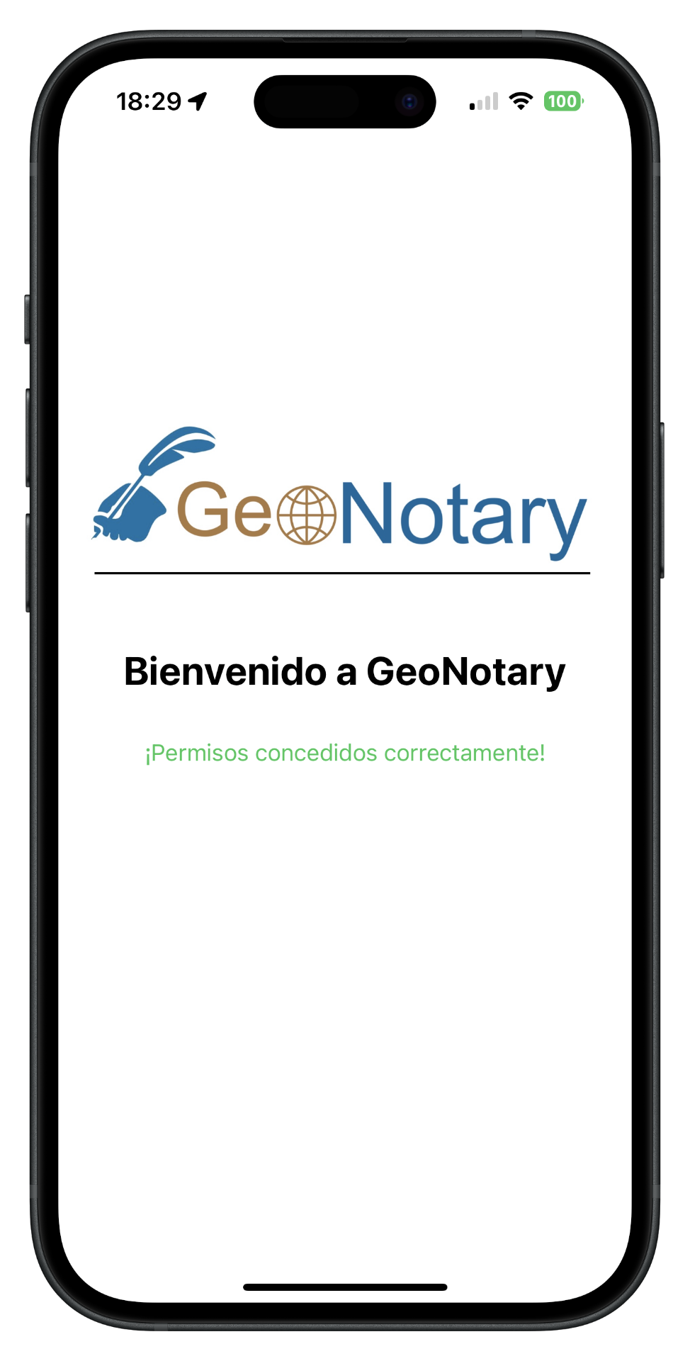 Pantalla de bienvenida de GeoNotary con permisos concedidos