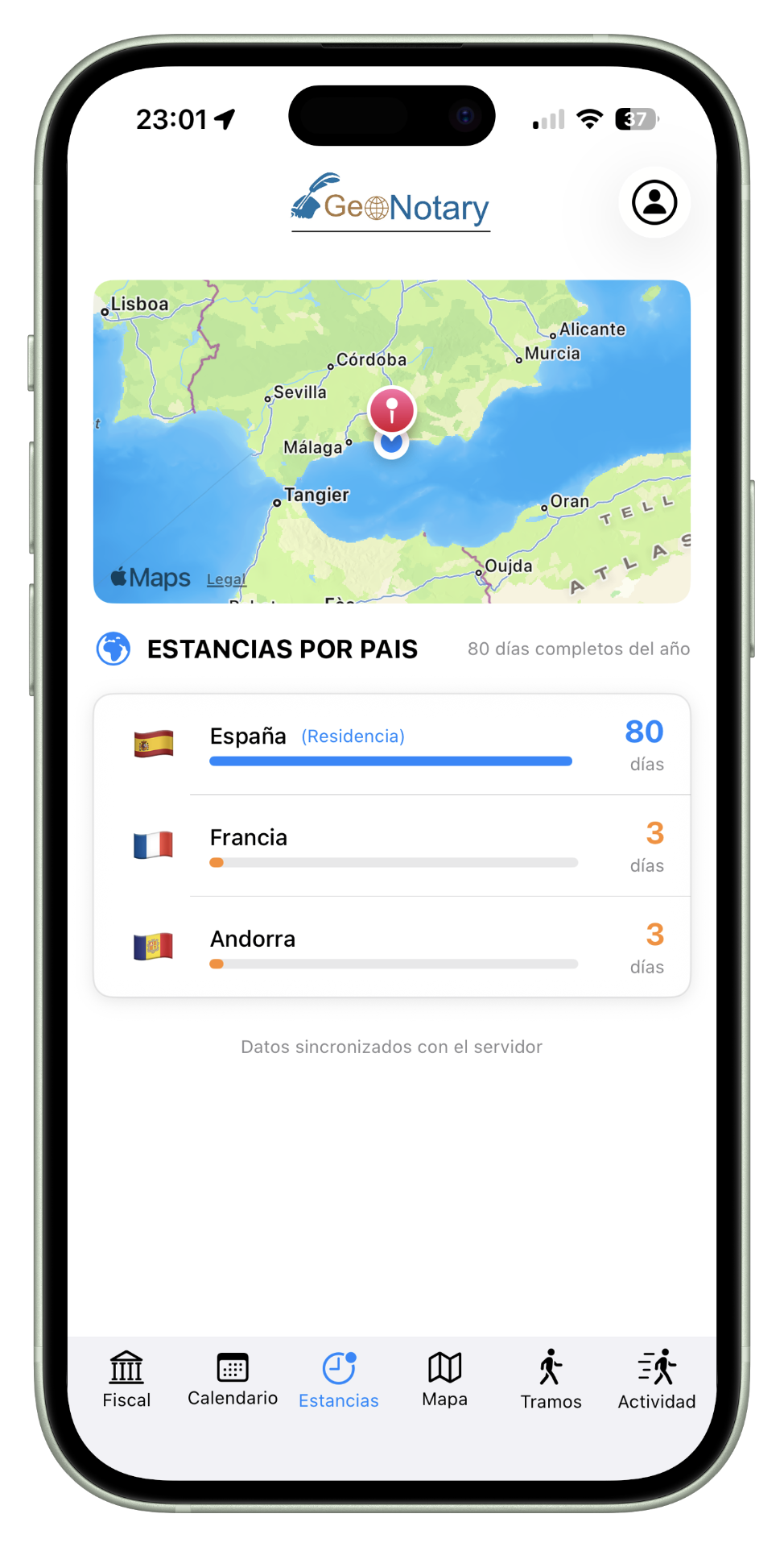 Pantalla de estancias por país con días contabilizados